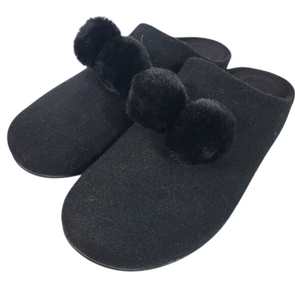 Fitflop Chrissie Slippers Black Felt Pom Pom Mules Slip On Slides Flats Lounge 8 - Picture 1 of 16